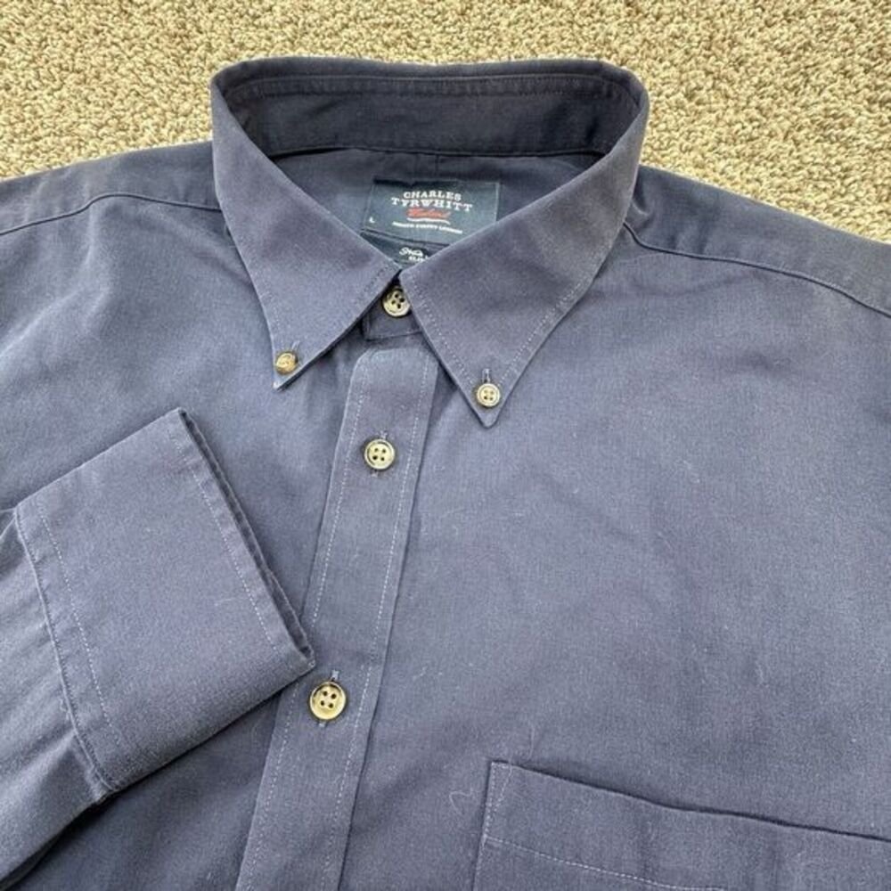 Charles Tyrwhitt Men's Weekend Navy Blue Button Down L Slim Fit Non Iron